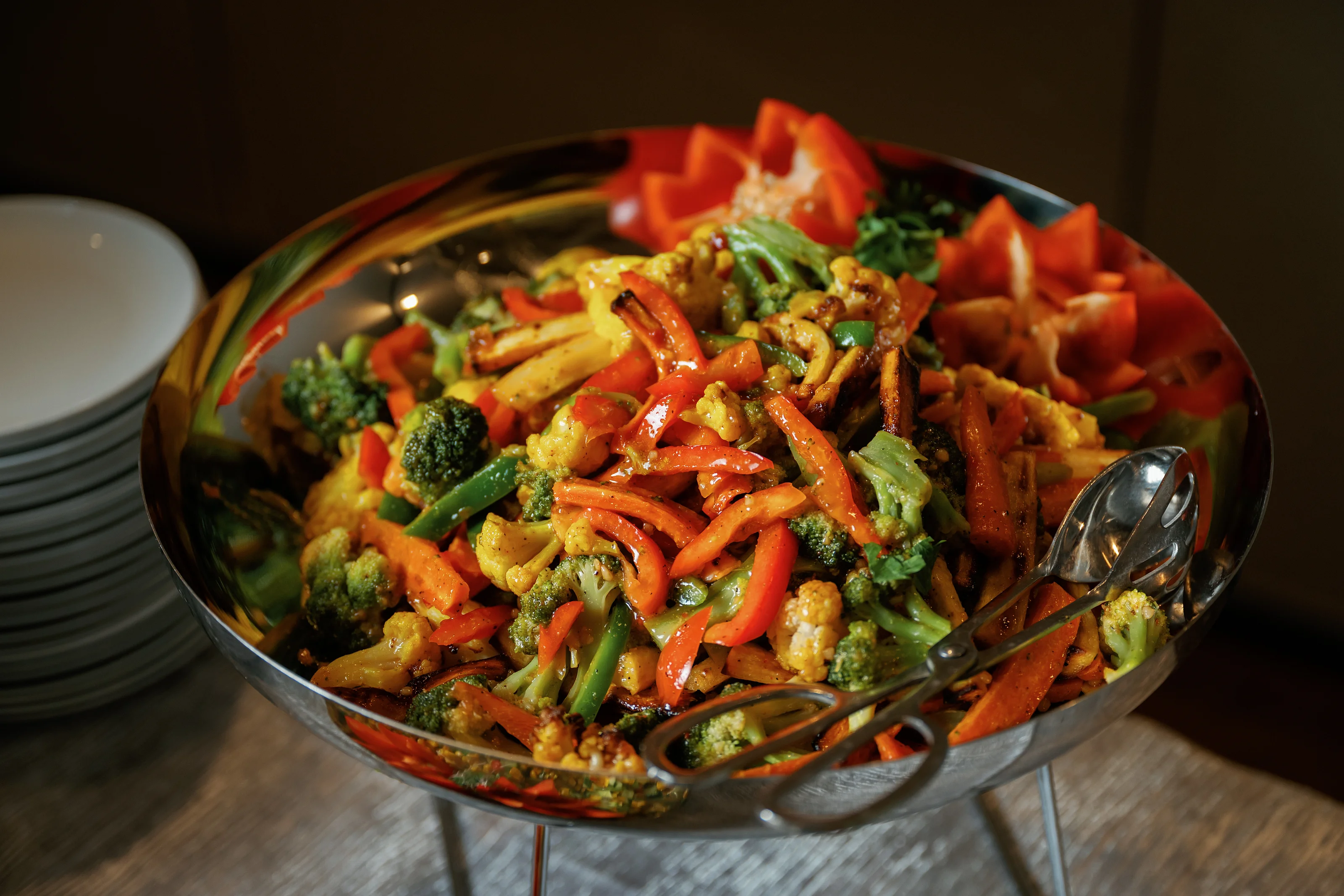 Pasta and roasted vegetable salad in a serving bowl