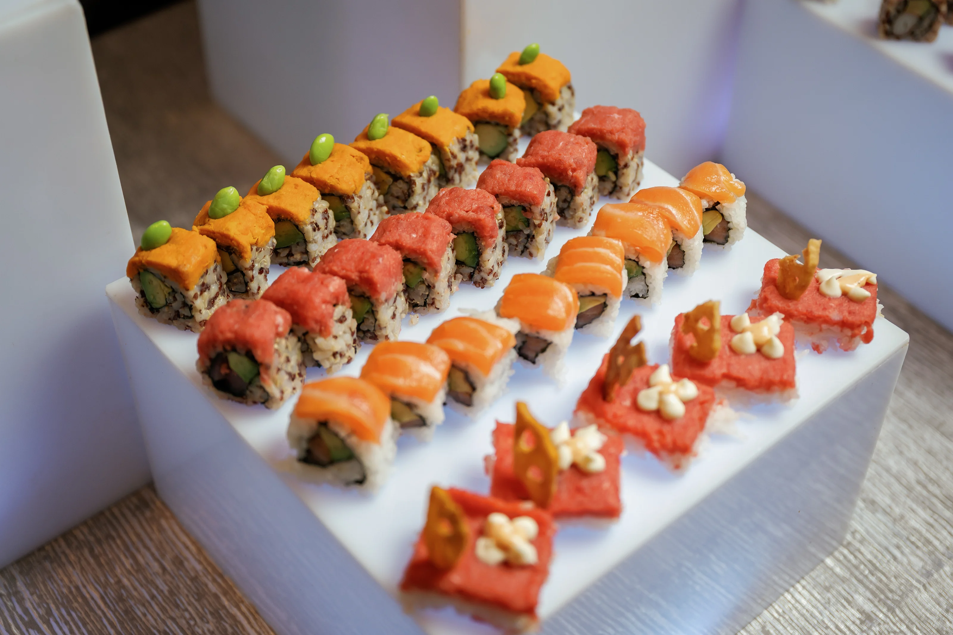 Assorted sushi rolls arranged in rows