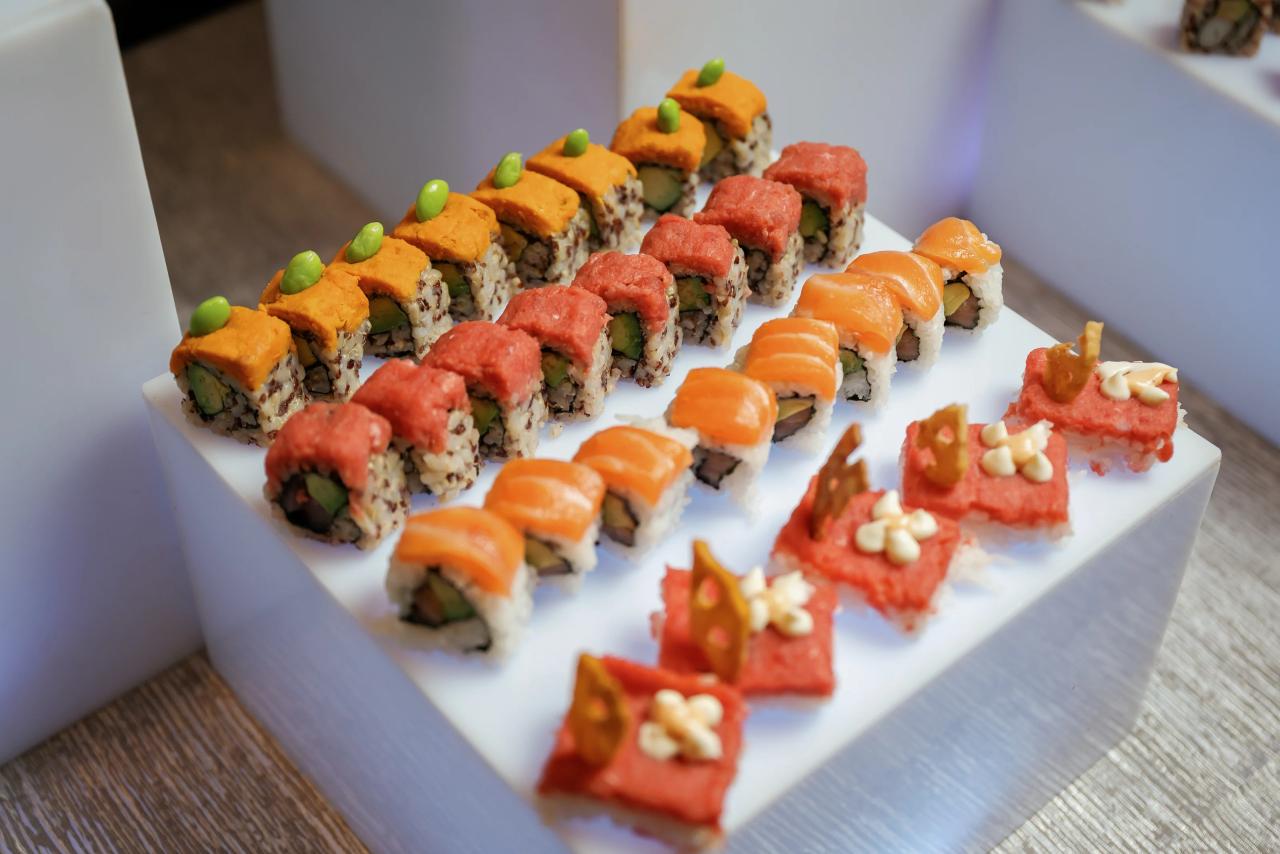 Assorted sushi rolls arranged in rows at Brightstone - food photography by CJ Studios, New Jersey.