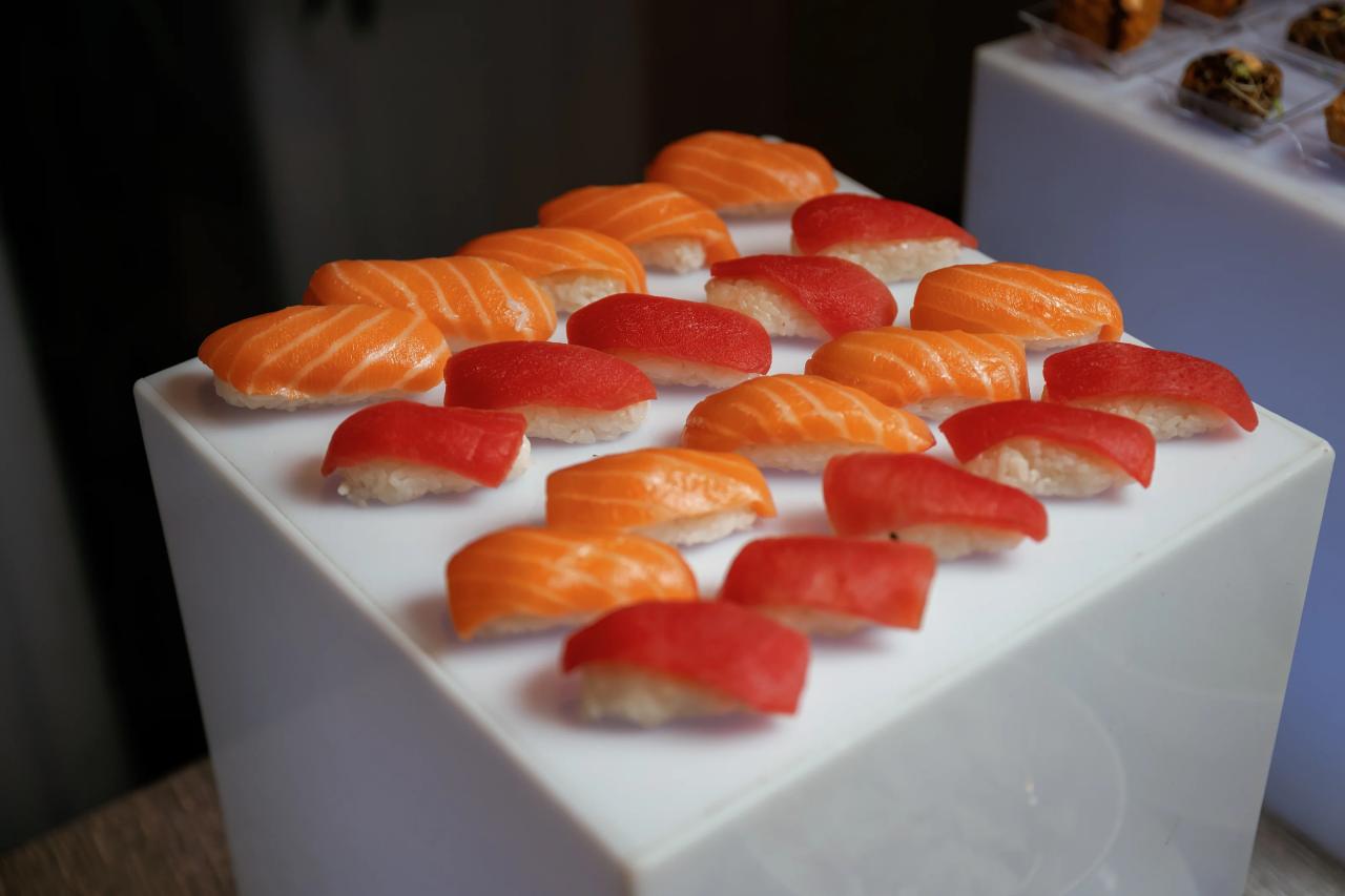 Salmon sushi arranged on a white platter at Brightstone - food photography by CJ Studios, New Jersey.
