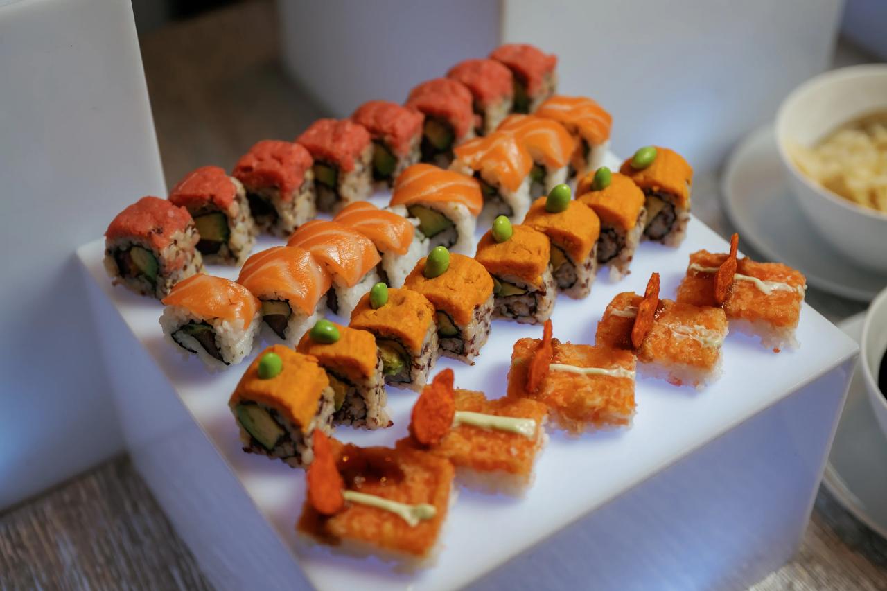 Sushi rolls and appetizers on a catering display at Brightstone - food photography by CJ Studios, New Jersey.