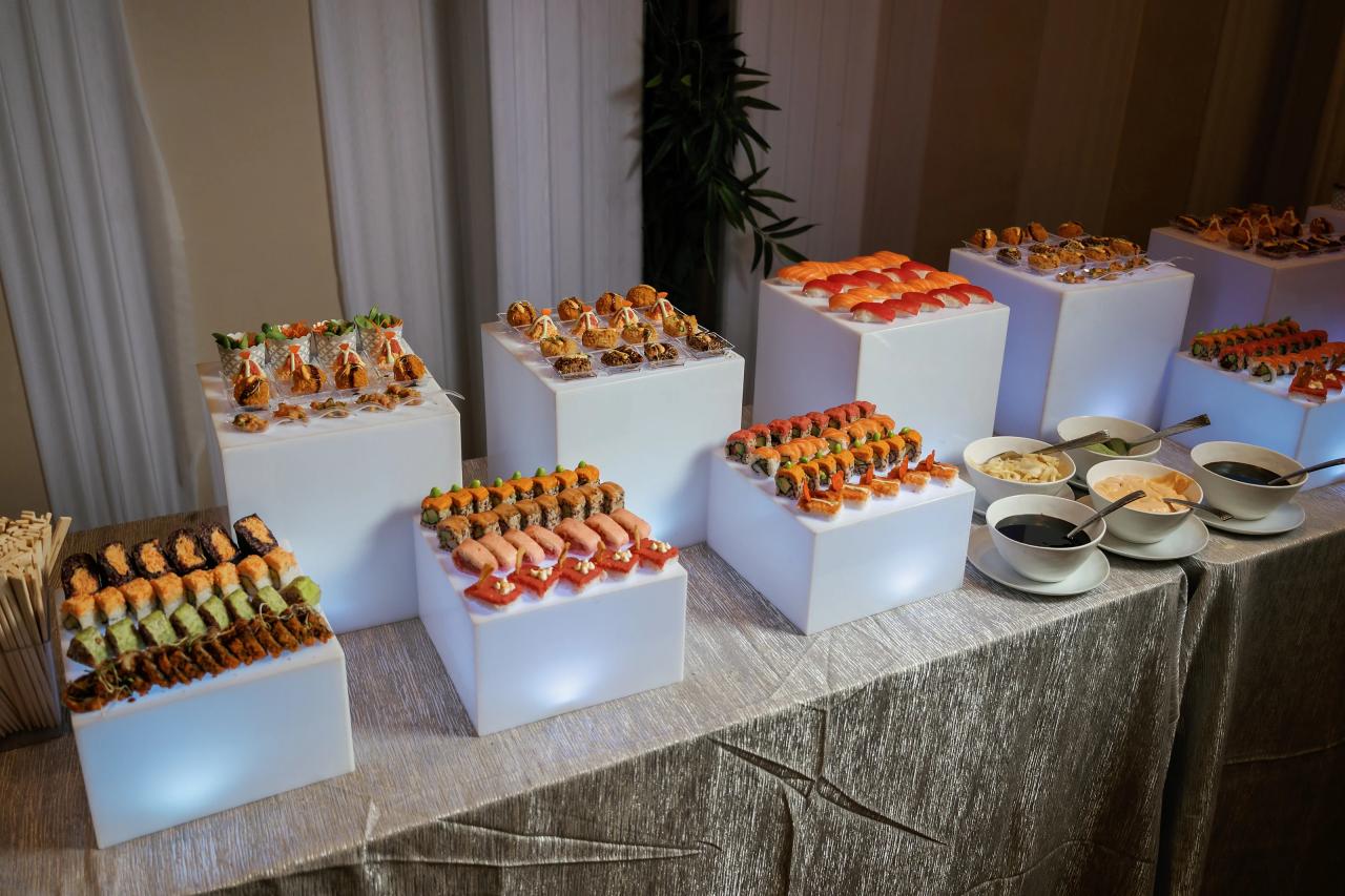 Sushi platters on a tiered buffet at Brightstone - food photography by CJ Studios, New Jersey.