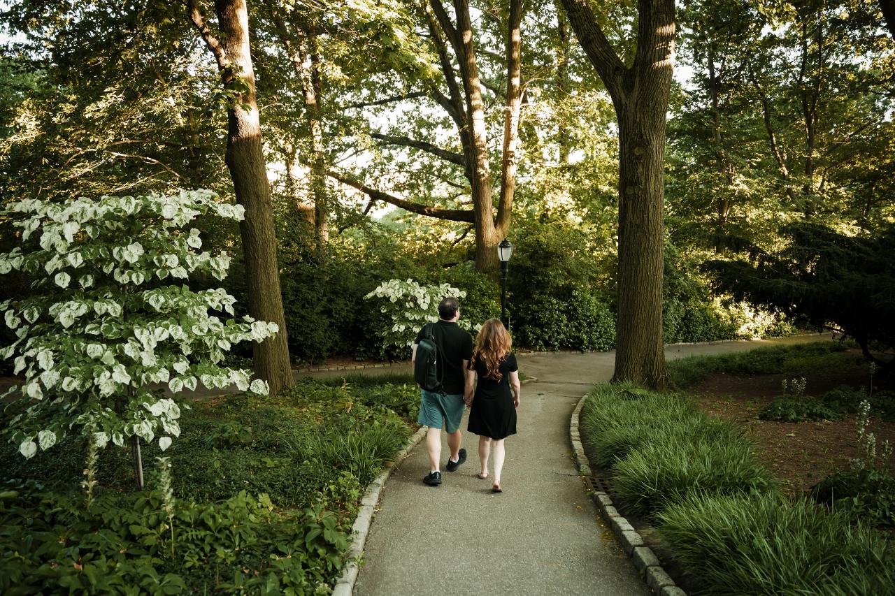 Wide portrait of a couple walking together through a leafy summer garden