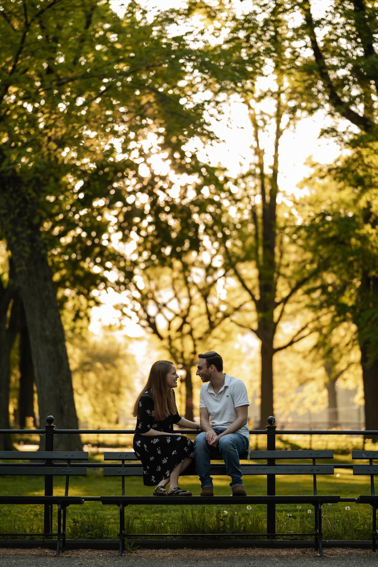 Wide portrait of a couple on a bench under sunlit trees