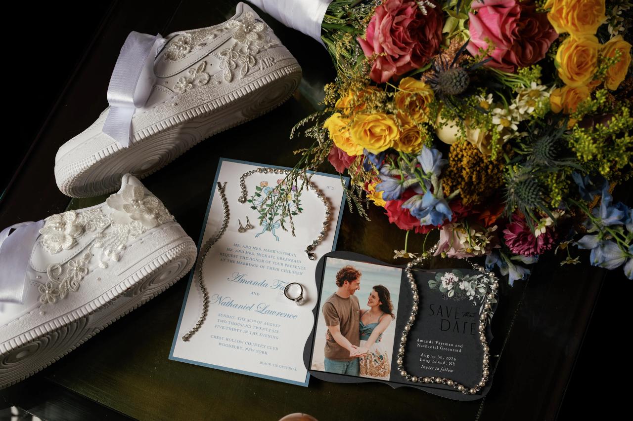 Bridal shoes, colorful bouquet and wedding stationery. Crest Hollow wedding in Woodbury, Long Island.
