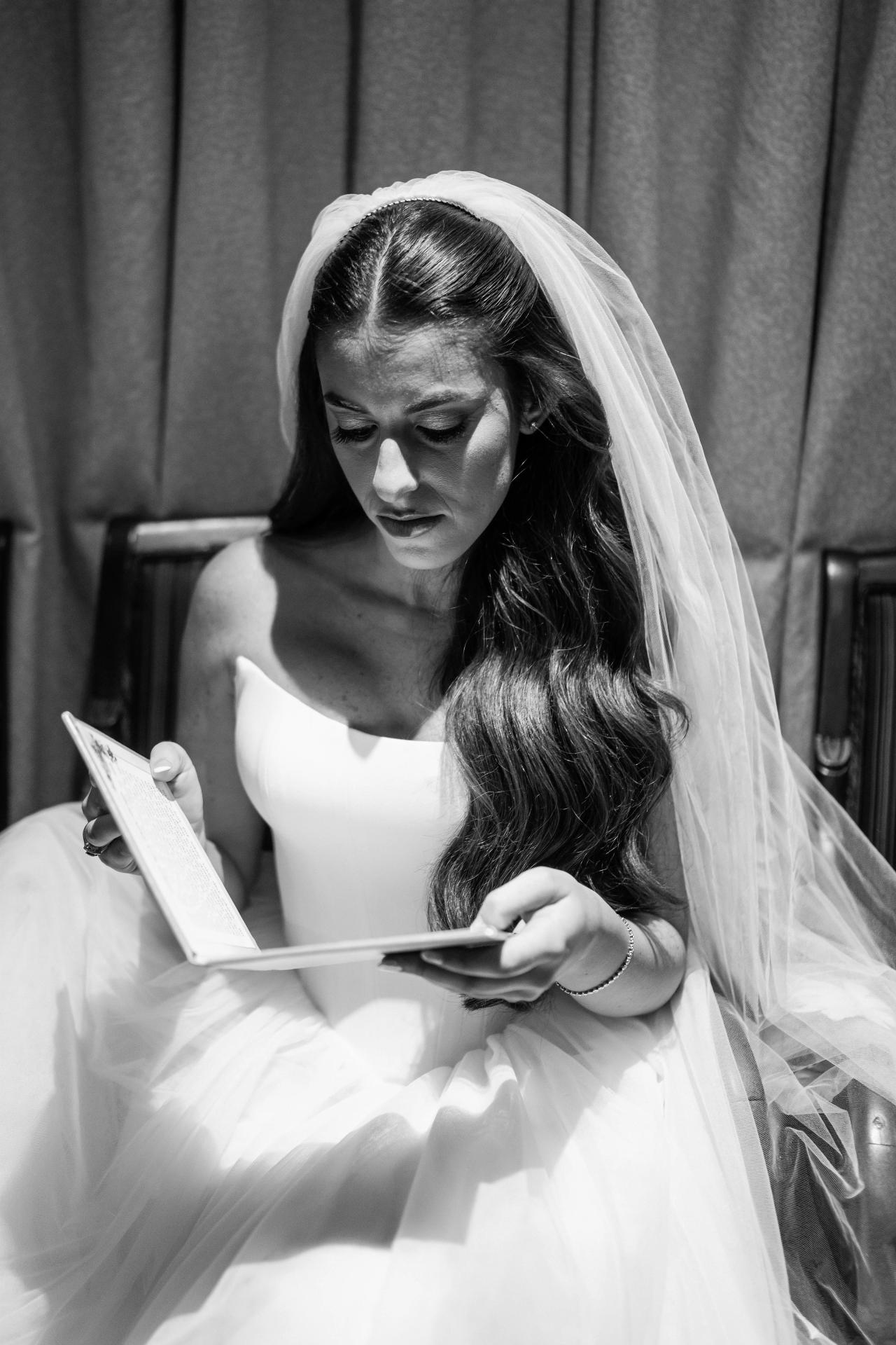 Black-and-white portrait of the bride before the ceremony. Crest Hollow wedding in Woodbury, Long Island.