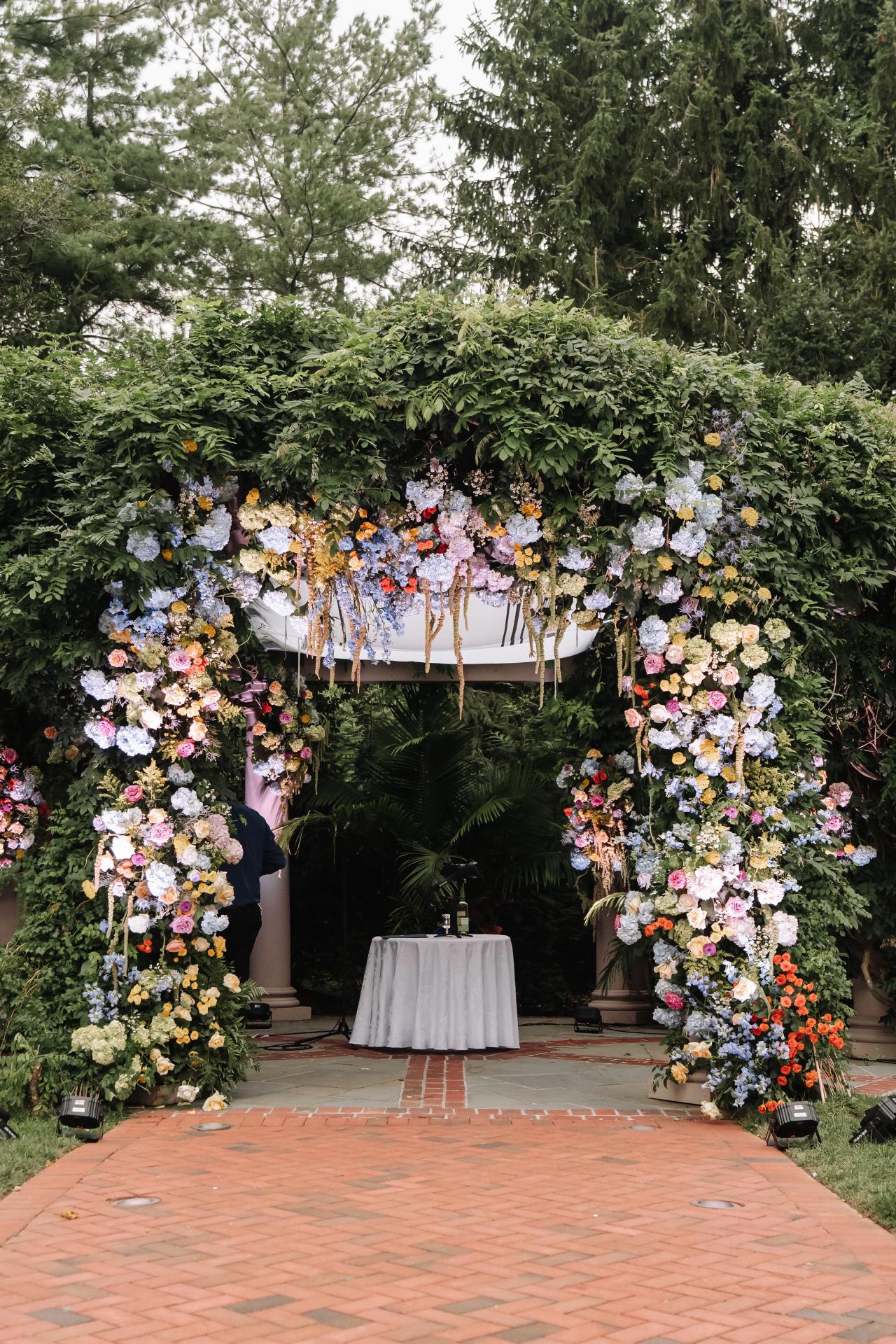 Flower-covered chuppah in the Crest Hollow gardens