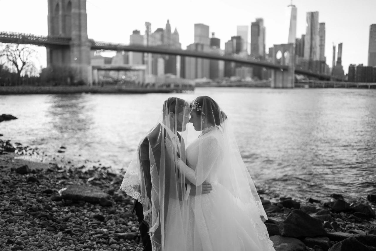 Black-and-white wedding portrait beneath a sheer bridal veil. Wedding portraits in Brooklyn, NYC.