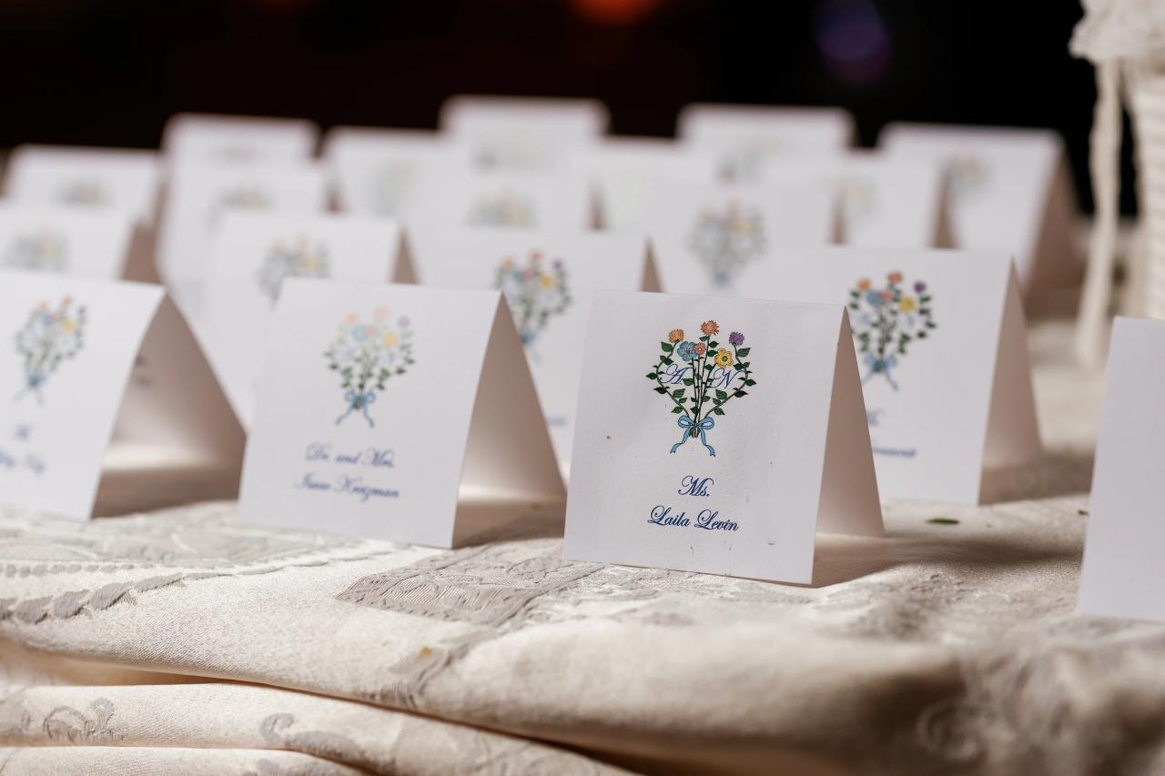 Wedding place cards decorated with a floral motif. Crest Hollow wedding in Woodbury, Long Island.