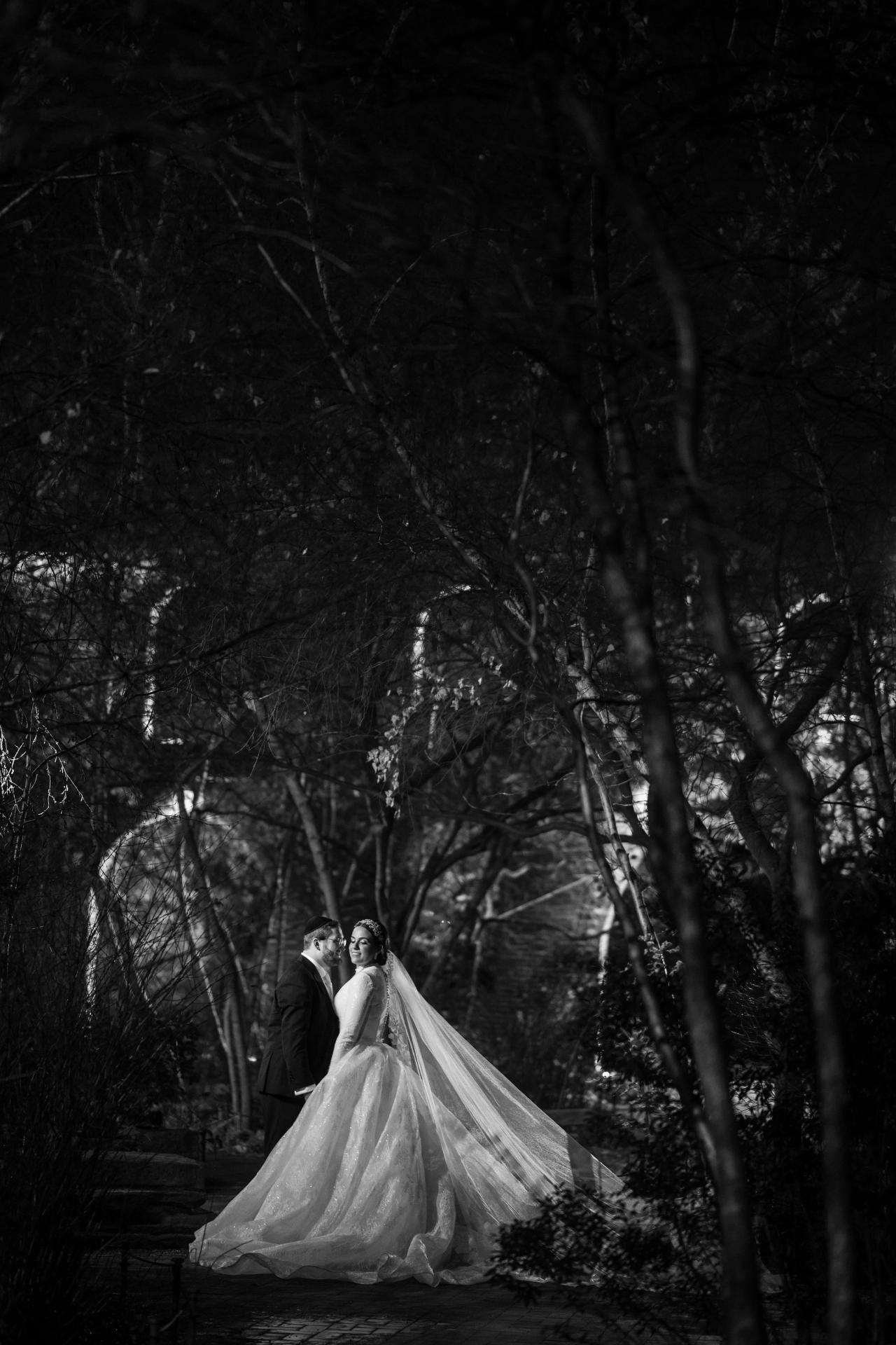 Black-and-white bride and groom portrait on a garden path. Wedding portraits in Brooklyn, NYC.