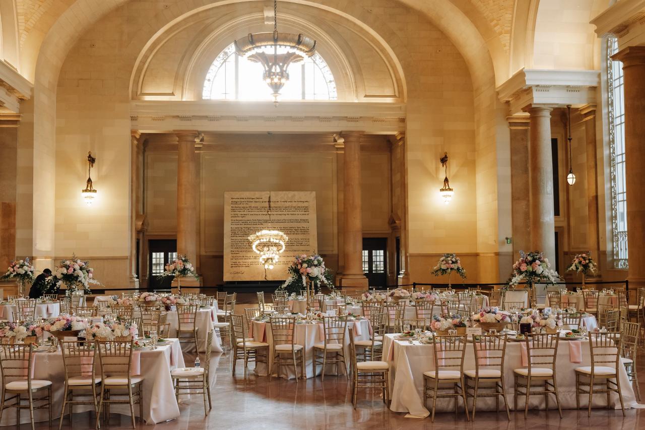 Grand wedding ballroom prepared for the reception. Jewish wedding in Detroit.