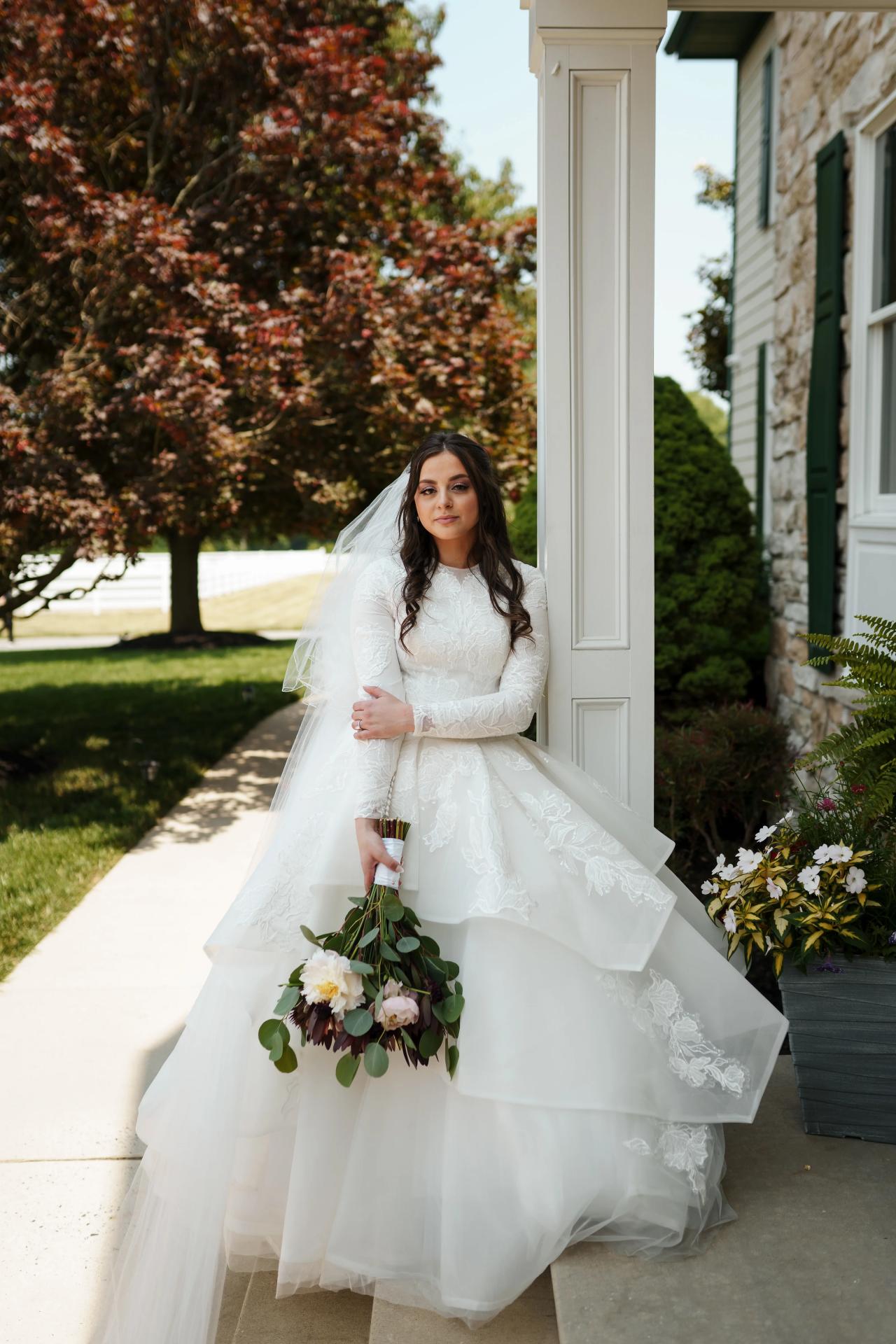 Full length bridal portrait outside the Manor House. Jewish wedding in Baltimore.