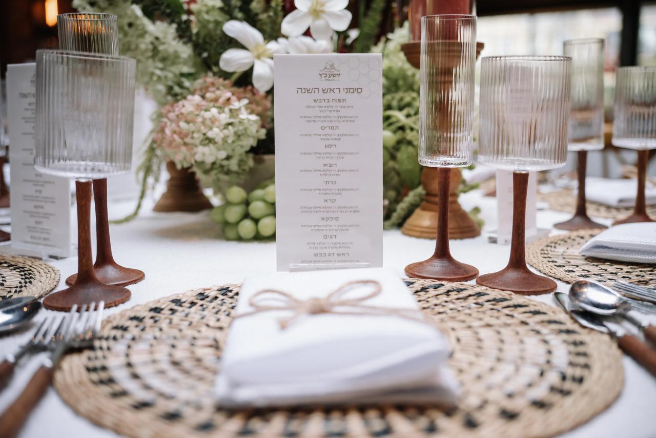 Close-up of a printed reception card centered on a table between tall candlesticks, with floral décor blurred in the background. Bar Mitzvah photography at The Arches, Brooklyn, NY.