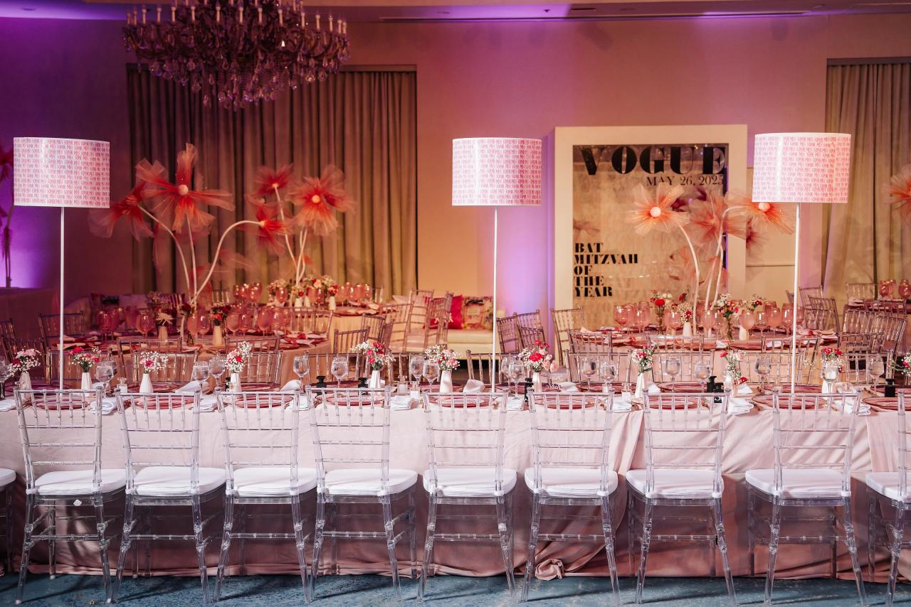 Wide view of a decorated reception head table with floral arrangements, magenta uplighting, and an empty row of chairs, framed by curtains and celebratory signage. Bat Mitzvah photography at Doubletree By Hilton Hotel Fort Lee - George Washington Bridge, Fort Lee, NJ.