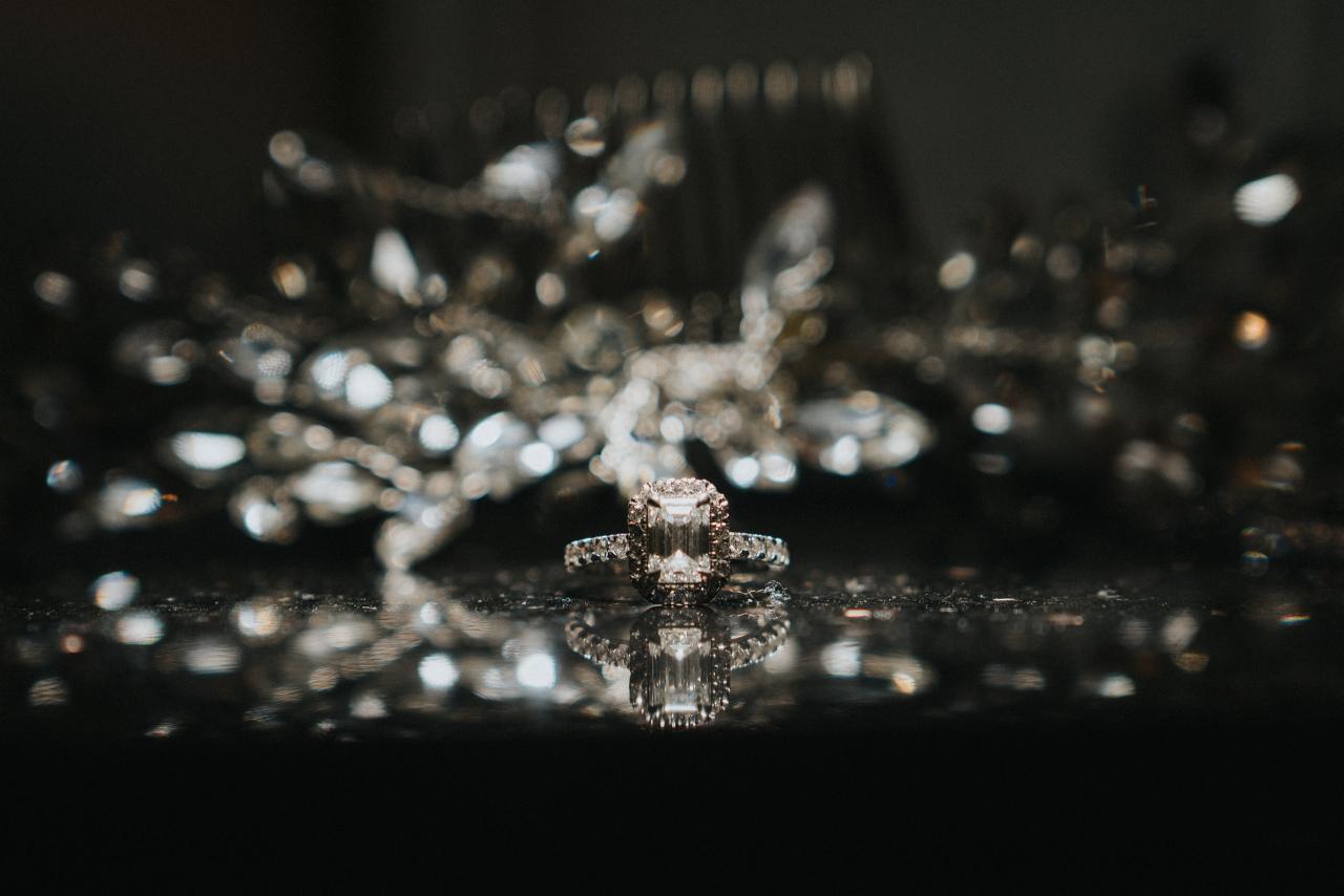 Wedding jewelry with glowing out-of-focus highlights and reflective macro detail. Wedding photography at Hilton Baltimore Inner Harbor, Baltimore, MD.