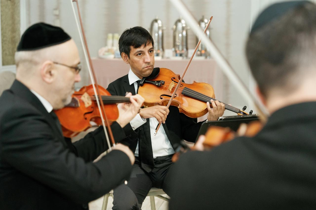 String musicians play together, with a violinist in focus between foreground performers. From this Lake Terrace wedding. Wedding photography.